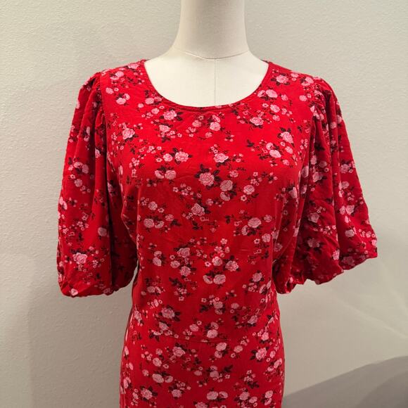 Old Navy Red Floral Puff Sleeve Midi Dress XL Smocked Open Back Cottagecore - Picture 3 of 8